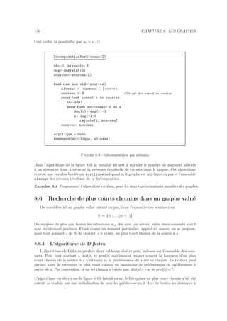 150 CHAPITRE 8. LES GRAPHES
Ceci exclut la possibilit´e que s0 = sl. 2
DecompositionParNiveaux(G)
nb←0, niveaux← ∅
deg←degreInt(G)
sources←sources(G)
tant que non vide(sources)
niveaux ← niveaux ∪ {sources}
nouveau ← ∅ //Calcul des nouvelles sources
pour tout sommet s de sources
nb←nb+1
pour tout successeur t de s
deg(t)←deg(t)-1
si deg(t)=0
rajoute(t, nouveau)
sources←nouveau
acyclique ←nb=n
renvoyer(acyclique, niveaux)
Figure 8.9 – d´ecomposition par niveaux
Dans l’algorithme de la ﬁgure 8.9, la variable nb sert `a calculer le nombre de sommets aﬀect´es
`a un niveau et donc `a d´etecter la pr´esence ´eventuelle de circuits dans le graphe. Cet algorithme
renvoie une variable bool´eenne acyclique indiquant si le graphe est acyclique ou pas et l’ensemble
niveaux des niveaux r´esultant de la d´ecomposition.
Exercice 8.4 Programmer l’algorithme en Java, pour les deux repr´esentations possibles des graphes.
8.6 Recherche de plus courts chemins dans un graphe valu´e
On consid`ere ici un graphe valu´e orient´e ou pas, dont l’ensemble des sommets est
S = {0, . . . , (n − 1)}
On suppose de plus que toutes les valuations wst des arcs (ou arˆetes) entre deux sommets s et t
sont strictement positives. Etant donn´e un sommet particulier, appel´e ici source, on se propose,
pour tout sommet s de S, de trouver, s’il existe, un plus court chemin de la source `a s.
8.6.1 L’algorithme de Dijkstra
L’algorithme de Dijkstra produit deux tableaux dist et pred, index´es sur l’ensemble des som-
mets. Pour tout sommet s, dist[s] et pred[s] contiennent respectivement la longueur d’un plus
court chemin de la source `a s (distance) et le pr´ed´ecesseur de s sur ce chemin. Le tableau pred
permet alors de retrouver ce plus court chemin en remontant de pr´ed´ecesseur en pr´ed´ecesseur `a
partir de s. Par convention, si un tel chemin n’existe pas, dist[s]=+∞ et pred[s]=-1.
L’algorithme est d´ecrit sur la ﬁgure 8.10. Initialement, le fait qu’aucun plus court chemin n’ait ´et´e
calcul´e se traduit par une initialisation de tous les pr´ed´ecesseurs `a -1 et de toutes les distances `a
 