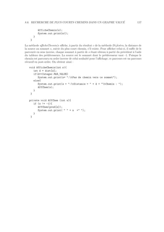8.6. RECHERCHE DE PLUS COURTS CHEMINS DANS UN GRAPHE VALU´E 157
AfficheChemin(s);
System.out.println();
}
}
La m´ethode aﬃcheChemin(s aﬃche, `a partir du r´esultat c de la m´ethode Dijkstra, la distance de
la source au sommet s, suivie du plus court chemin, s’il existe. Pour aﬃcher celui-ci, il suﬃt de le
parcourir en sens inverse, chaque sommet `a partir de s ´etant obtenu `a partir du pr´ec´edent `a l’aide
du tableau des pr´ed´ecesseurs. La source est le sommet dont le pr´ed´ecesseur vaut -1. Puisque le
chemin est parcouru en ordre inverse de celui souhait´e pour l’aﬃchage, ce parcours est un parcours
r´ecursif en post-ordre. On obtient ainsi :
void AfficheChemin(int s){
int d = dist[s];
if(d==Integer.MAX_VALUE)
System.out.print(s+ :tPas de chemin vers ce sommet);
else{
System.out.print(s + :tDistance =  + d + tChemin : );
AffChem(s);
}
}
private void AffChem (int s){
if (s != -1){
AffChem(pred[s]);
System.out.print(   + s + );
}
}
 