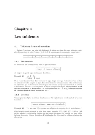 Chapitre 4
Les tableaux
4.1 Tableaux `a une dimension
Il s’agit d’enregistrer une suite ﬁnie d’´el´ements de mˆeme type dans des zones m´emoires conti-
g¨ues. Par exemple, la suite d’entiers (10, 8, -2, 5, 4) sera enregistr´ee en m´emoire comme suit :
. . . 10 8 -2 5 4 . . .
4.1.1 D´eclarations
La d´eclaration des tableaux se fait selon la syntaxe suivante :
<type> [ ] <nom du tableau> ;
o`u <type> d´esigne le type des ´el´ements du tableau.
Exemple 4.1 int [ ] T;
String [ ] args;
On a vu que la d´eclaration d’une variable de type simple provoque l’allocation d’une portion
de m´emoire de taille adapt´ee au type. Les d´eclarations de tableaux comme celles de l’exemple
ne permettent pas l’allocation de m´emoire pour un tableau, puisqu’`a ce moment-l`a, le nombre
d’´el´ements est inconnu. En cons´equence, de fa¸con analogue aux objets, aucun tableau n’est
cr´e´e au moment de la d´eclaration. Les variables cr´e´ees (ici T et args) sont des adresses
de tableaux dont la valeur initiale est null.
4.1.2 Cr´eation
Comme pour les objets, la cr´eation d’un tableau se fait explicitement avec le mot cl´e new, selon
la syntaxe :
<nom du tableau> = new <type> [<taille>];
Exemple 4.2 T = new int [5]; provoque une allocation de m´emoire d´ecrite par la ﬁgure 4.1.
Cinq variables cons´ecutives de la taille d’un entier, nomm´ees T[0], T[1], T[2], T[3] et T[4]
ont ´et´e allou´ees. A ce stade-l`a, elles ne sont pas encore initialis´ees. La variable T a pour valeur
l’adresse du premier ´el´ement du tableau. L’initialisation des ´el´ements d’un tableau se fait par les
aﬀectations :
37
 