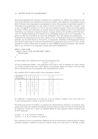 5.1. QU’EST-CE QU’UN ALGORITHME ? 51
On pourrait l´egitimement envisager d’am´eliorer les compilateurs en aﬃnant leur analyse de telle
sorte qu’ils d´etectent non seulement les erreurs de syntaxe, mais ´egalement d’´eventuelles erreurs
dans l’ex´ecution des programmes syntaxiquement corrects. Ils pourraient en particulier signaler si
l’ex´ecution d’un programme P sur une entr´ee n s’arrˆete au bout d’un temps ﬁni ou boucle : c’est
ce que l’on appelle le probl`eme de l’arrˆet. On peut imaginer examiner toutes les boucles while
de P pour v´eriﬁer que l’expression de contrˆole prend la valeur false au bout d’un nombre ﬁni
d’it´erations, en examinant comment ´evoluent, `a chaque it´eration, les variables qu’elle fait inter-
venir. Un r´esultat important de la th´eorie de la calculabilit´e montre que ceci est impossible : on
prouve en eﬀet que le probl`eme de l’arrˆet est ind´ecidable. Voici une esquisse du raisonnement.
Consid´erons les programmes source Java. Chacun d’eux est repr´esent´e, lorsqu’il est enregistr´e en
m´emoire, par un entier binaire n. On note Pn ce programme. Toutefois, le d´eveloppement binaire
d’un entier n quelconque ne code pas n´ecessairement un programme Java correct (c’est le cas par
exemple de l’entier codant dans la machine la source LATEX du pr´esent document). On convient
dans ce cas, de noter Pn le programme suivant (qui boucle ind´eﬁniment) :
public class loop{
public static void main(String[] args){
while(true);
}
}
La suite inﬁnie (avec r´ep´etitions) de tous les programmes Java
P0, P1, . . ., Pn, . . .
est donc parfaitement d´eﬁnie : tout programme Java dont le code en machine est l’entier binaire
n se trouve au ni`eme rang dans la liste. Quant au programme loop, il se trouve `a tous les rangs
qui ne repr´esentent pas un programme Java syntaxiquement correct.
On consid`ere alors le tableau inﬁni `a deux dimensions suivant :
Argument →
Programme ↓
0 1 2 . . . n . . .
P0 1 0 1 . . . 1 . . .
P1 0 0 1 . . . 1 . . .
P2 1 0 1 . . . 1 . . .
. . . . . . . . . . . . . . . . . . . . .
Pn 1 1 0 . . . 1 . . .
. . . . . . . . . . . . . . . . . . . . .
Le coeﬃcient `a l’intersection de la ligne Pn et de la colonne i indique, selon qu’il vaut 0 ou
1, que le programme Pn boucle ou pas sur la donn´ee i.
On utilise pour prouver le r´esultat, un argument de diagonalisation amenant `a un paradoxe. Sup-
posons qu’il existe une m´ethode Java Arret qui ´etant donn´e un entier n renvoie 0 si l’ex´ecution de
Pn boucle sur l’entr´ee n et 1 sinon. La m´ethode Arret est donc suppos´ee calculer l’´el´ement arrˆet
de ININ
d´eﬁni par :
arrˆet(n) = 0 si Pn boucle sur l’entr´ee n
arrˆet(n) = 1 si Pn se termine sur l’entr´ee n
On se propose d’´ecrire un programme P diﬀ´erent de tous les programmes ´enum´er´es dans le tableau
(paradoxe puisque le tableau est cens´e les contenir tous), en ce sens que ∀n ∈ IN, P(n) = Pn(n)
 