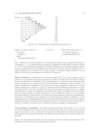 5.3. ALGORITHMES R´ECURSIFS 57
fact(6) = 6 × fact(5) (1)
= 6 × 5 ×fact(4 (2)
= 6 × 5 × 4 × fact(3) (3)
= 6 × 5 × 4 × 3 × fact(2) (4)
= 6 × 5 × 4 × 3 × 2 × fact(1) (5)
= 6 × 5 × 4 × 3 × 2 × 1× fact(0) (6)
= 6 × 5 × 4 × 3 × 2 × 1× 1 (7)
= 6 × 5 × 4 × 3 × 2 × 1 (8)
= 6 × 5 × 4 × 3 × 2 (9)
= 6 × 5 × 4 × 6 (10)
= 6 × 5 × 24 (11)
= 6 × 120 (12)
= 720 (13)
Figure 5.1 – D´eroulement de l’algorithme fact pour n=6
static int fact (int n) {
if (n==0)
return 1;
else
return(n*fact(n-1));
}
ou encore static int fact (int n) {
if (n==0) return 1;
return(n*fact(n-1));
}
Cette m´ethode est r´ecursive puisque si n est strictement positif, elle se rappelle elle-mˆeme sur
l’argument (n − 1). Le d´eroulement par ´etapes de l’algorithme d´etaill´e ﬁgure 5.1 pour la valeur
n = 6, suit tr`es exactement l’ex´ecution de la m´ethode. Chacune des six premi`eres lignes comporte
en gras un appel r´ecursif. Les multiplications sont mises en attente tant que l’ex´ecution de cet
appel r´ecursif n’est pas termin´ee. Par exemple la ligne (4) comporte l’appel fact(2), dont les
´etapes de l’ex´ecution sont soulign´ees et s’ach`event `a la ligne (9).
Pile de r´ecursivit´e La longueur des six premi`eres lignes croˆıt, tout comme l’espace occup´e en
m´emoire, o`u la nouvelle valeur mise en attente est empil´ee sur celles qui le sont d´ej`a. La notion
de pile sera introduite en d´etail par la suite. Informellement, il s’agit d’une suite d’´el´ements g´er´ee
comme une pile au sens courant du terme (et mentalement repr´esent´ee de fa¸con verticale) : on
rajoute un ´el´ement en l’empilant `a une extr´emit´e de la liste, on d´epile en supprimant le dernier
´el´ement empil´e. Sur la ﬁgure 5.1, la pile est repr´esent´ee horizontalement, son sommet en ´etant
l’extr´emit´e droite. Cette pile, constitu´ee des valeurs m´emoris´ees en attente de la ﬁn des appels
r´ecursifs dont le r´esultat est n´ecessaire `a la poursuite des calculs, est appel´ee pile de r´ecursivit´e.
Dans l’exemple consid´er´e, sa taille maximale est n fois la taille d’un entier, si n est la donn´ee.
Cet espace m´emoire, contrairement `a ceux rencontr´es jusqu’`a pr´esent et qui ´etaient explicitement
allou´es par une d´eclaration (types simples) ou une instruction new (objets et tableaux), est cr´e´e
dynamiquement et automatiquement du fait des appels r´ecursifs. Lors de l’´evaluation de l’espace
m´emoire n´ecessaire `a l’ex´ecution d’un algorithme r´ecursif, il convient donc de bien prendre en
compte cette pile de r´ecursivit´e dont la cr´eation et la gestion ´echappe au programmeur.
Cas terminal et terminaison Le dernier appel r´ecursif (ligne (6)) aboutit au cas terminal
(n=0) de la d´eﬁnition, pour lequel le calcul du r´esultat (qui vaut 1) ne requiert pas de nouvel
appel `a la fonction : c’est ce qui assure la terminaison de l’algorithme. Les sommets de pile sont
alors d´epil´es un `a un pour ˆetre multipli´es `a la valeur courante (en gras), et ce tant que la pile n’est
pas vide.
Apr`es cette pr´esentation informelle, les deux sections qui suivent traitent respectivement de la
terminaison et de la correction des algorithmes r´ecursifs.
 