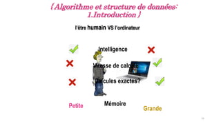15
Intelligence
Vitesse de calcule
Calcules exactes?
Mémoire
Petite Grande
l’être humain VS l’ordinateur
{ Algorithme et structure de données:
1.Introduction }
 