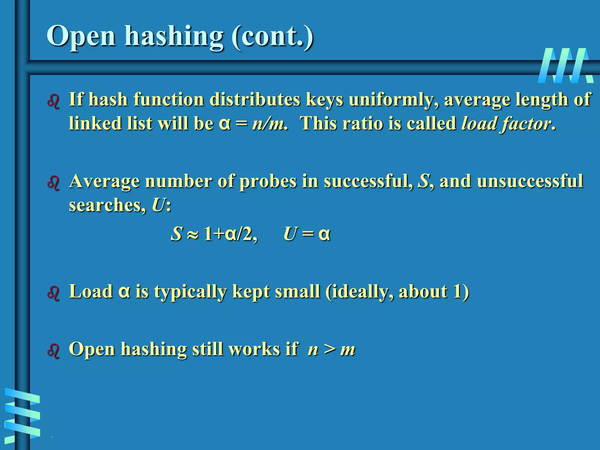 .
Open hashing (cont.)
 If hash function distributes keys uniformly, average length of
linked list will be α = n/m. This ratio is called load factor.
 Average number of probes in successful, S, and unsuccessful
searches, U:
S  1+α/2, U = α
 Load α is typically kept small (ideally, about 1)
 Open hashing still works if n > m
 