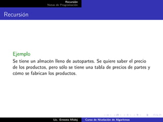 Recursión
                    Notas de Programación


Recursión




   Ejemplo
   Se tiene un almacén lleno de autopartes. Se quiere saber el precio
   de los productos, pero sólo se tiene una tabla de precios de partes y
   cómo se fabrican los productos.




                        Lic. Ernesto Mislej   Curso de Nivelación de Algoritmos
 