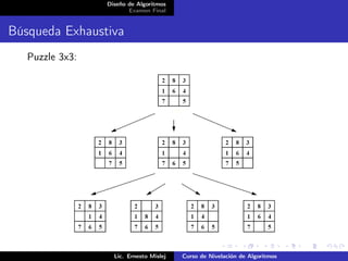 Diseño de Algoritmos
                        Examen Final


Búsqueda Exhaustiva
   Puzzle 3x3:




                   Lic. Ernesto Mislej   Curso de Nivelación de Algoritmos
 