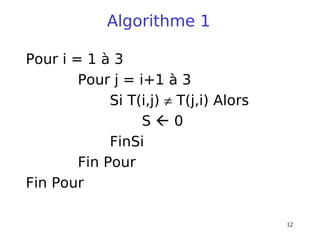 12
Algorithme 1
Pour i = 1 à 3
Pour j = i+1 à 3
Si T(i,j) ≠ T(j,i) Alors
S  0
FinSi
Fin Pour
Fin Pour
 