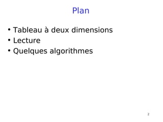 2
Plan
• Tableau à deux dimensions
• Lecture
• Quelques algorithmes
 