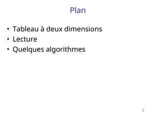2
Plan
• Tableau à deux dimensions
• Lecture
• Quelques algorithmes
 