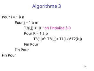 20
Algorithme 3
Pour i = 1 à n
Pour j = 1 à m
T3(i,j)  0 ‘ on l’intialise à 0
Pour K = 1 à p
T3(i,j) T3(i,j)+ T1(i,k)*T2(k,j)
Fin Pour
Fin Pour
Fin Pour
 