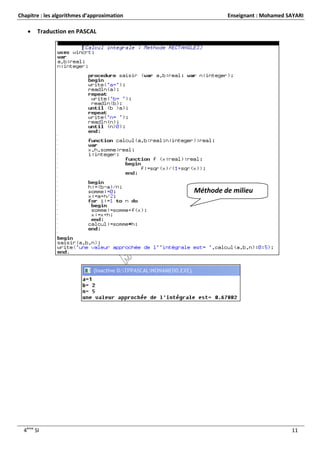 Chapitre : les algorithmes d’approximation Enseignant : Mohamed SAYARI
4ème
SI 11
 Traduction en PASCAL
Méthode de milieu
 