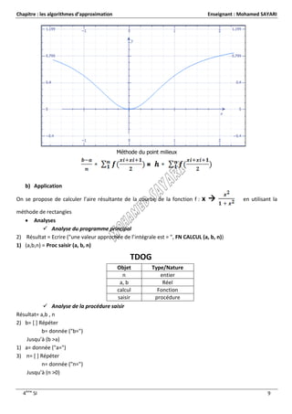 Chapitre : les algorithmes d’approximation                                       Enseignant : Mohamed SAYARI




                                             Méthode du point milieux

                                                         =

   b) Application

On se propose de calculer l’aire résultante de la courbe de la fonction f :   x              en utilisant la

méthode de rectangles
    Analyses
            Analyse du programme principal
2) Résultat = Ecrire ("une valeur approchée de l’intégrale est = ", FN CALCUL (a, b, n))
1) (a,b,n) = Proc saisir (a, b, n)

                                                  TDOG
                                       Objet                 Type/Nature
                                          n                     entier
                                         a, b                    Réel
                                       calcul                  Fonction
                                        saisir                procédure
            Analyse de la procédure saisir
Résultat= a,b , n
2) b= [ ] Répéter
           b= donnée ("b=")
    Jusqu’à (b >a)
1) a= donnée ("a=")
3) n= [ ] Répéter
           n= donnée ("n=")
    Jusqu’à (n >0)


  4ème SI                                                                                               9
 