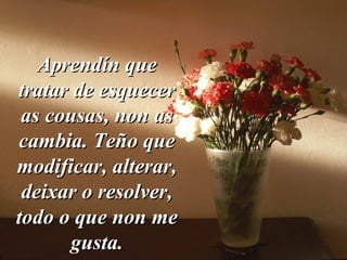 Aprendín queAprendín que
tratar de esquecertratar de esquecer
as cousas, non asas cousas, non as
cambia. Teño quecambia. Teño que
modificar, alterar,modificar, alterar,
deixar o resolver,deixar o resolver,
todo o que non metodo o que non me
gusta.gusta.
 
