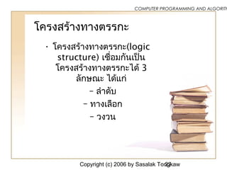Copyright (c) 2006 by Sasalak Tongkaw22
COMPUTER PROGRAMMING AND ALGORITH
โครงสร้างทางตรรกะ
• โครงสร้างทางตรรกะ(logic
structure) เชื่อมกันเป็น
โครงสร้างทางตรรกะได้ 3
ลักษณะ ได้แก่
– ลำาดับ
– ทางเลือก
– วงวน
 