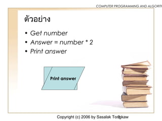 Copyright (c) 2006 by Sasalak Tongkaw3
COMPUTER PROGRAMMING AND ALGORITH
ตัวอย่าง
• Get number
• Answer = number * 2
• Print answer
Get number
Answer=
Number*2
Print answer
 
