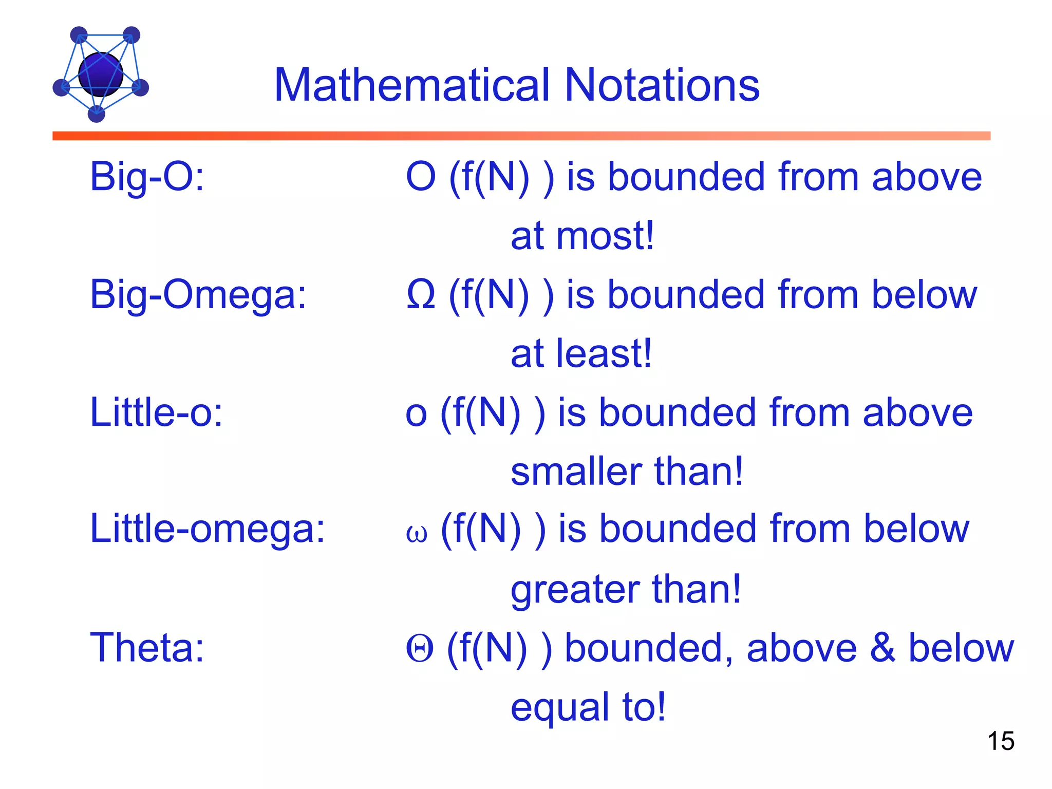 Mathematical Notations Big-O: O (f(N) ) is bounded from above at most! Big-Omega: Ω (f(N) ) is bounded from below at least! Little-o: o (f(N) ) is bounded from above smaller than! Little-omega: ω (f(N) ) is bounded from below greater than! Theta: Θ (f(N) ) bounded, above & below equal to! 15 