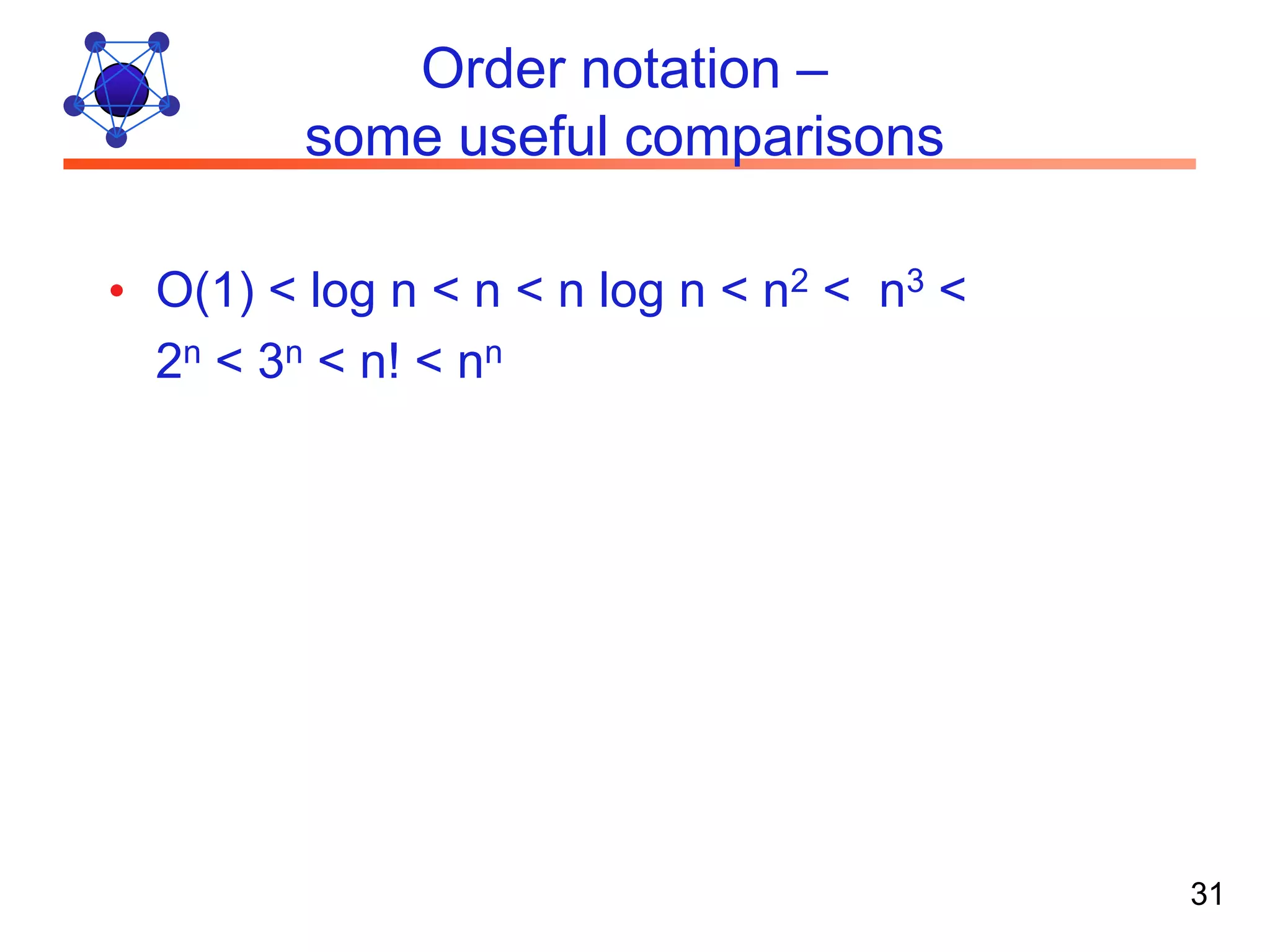 Order notation – some useful comparisons • O(1) < log n < n < n log n < n2 < n3 < 2n < 3n < n! < nn 31 