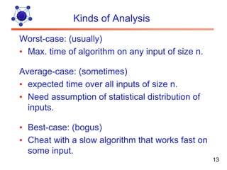 Kinds of Analysis
Worst-case: (usually)
• Max. time of algorithm on any input of size n.

Average-case: (sometimes)
• expected time over all inputs of size n.
• Need assumption of statistical distribution of
  inputs.

• Best-case: (bogus)
• Cheat with a slow algorithm that works fast on
  some input.
                                                   13
 