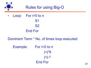 Rules for using Big-O

•   Loop:   For i=0 to n
                  S1
                  S2
            End For

Dominent Term * No. of times loop executed

    Example:      For i=0 to n
                        j=j*8
                        j=j-1
                  End For                    21
 