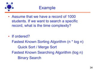 Example

• Assume that we have a record of 1000
  students. If we want to search a specific
  record, what is the time complexity?

• If ordered?
  Fastest Known Sorting Algorithm (n * log n)
       Quick Sort / Merge Sort
  Fastest Known Searching Algorithm (log n)
       Binary Search

                                                34
 