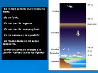 • Es la capa gaseosa que envuelve la
Tierra.
• Es un fluido.
• Es una mezcla de gases.
• Es una mezcla no homogénea.
• Es más densa en la superficie.
• Es menos densa en las capas
superiores.
• Ejerce una presión análoga a la
presión hidrostática de los líquidos.
 