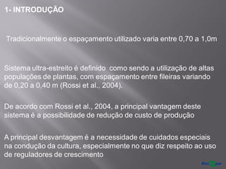 1- INTRODUÇÃO
Tradicionalmente o espaçamento utilizado varia entre 0,70 a 1,0m
Sistema ultra-estreito é definido como sendo a utilização de altas
populações de plantas, com espaçamento entre fileiras variando
de 0,20 a 0,40 m (Rossi et al., 2004).
De acordo com Rossi et al., 2004, a principal vantagem deste
sistema é a possibilidade de redução de custo de produção
A principal desvantagem é a necessidade de cuidados especiais
na condução da cultura, especialmente no que diz respeito ao uso
de reguladores de crescimento
 