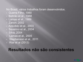 No Brasil, vários trabalhos foram desenvolvidos.
- Guerra Filho, 1980
- Beltrão et al., 1988
- Lamas et al., 1989
- Zanon, 2002
- Azevêdo et al., 2003
- Severino et al., 2004
- Silva, 2004
- Lamas et al., 2005
- Stephenson et al., 2011
- Riar et al (2013)
Resultados não são consistentes
 