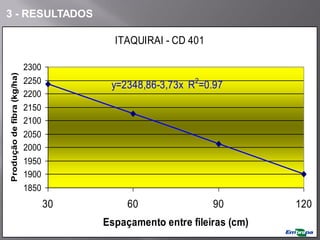 ITAQUIRAI - CD 401
1850
1900
1950
2000
2050
2100
2150
2200
2250
2300
30 60 90 120
Espaçamento entre fileiras (cm)
Produção
de
fibra
(kg/ha)
y=2348,86-3,73x R2
=0.97
FIGURA 6 -
3 - RESULTADOS
 