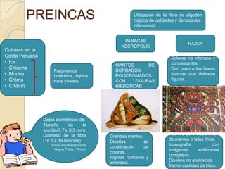 PREINCAS
Culturas en la
Costa Peruana
• Ica
• Chincha
• Moche
• Chimú
• Chavín

Utilización de la fibra de algodón
(tejidos de calidades y densidades
diferentes).

PARACAS
NECRÓPOLIS

Fragmentos
botánicos, tejidos,
hilos y redes.

Datos biométricos de:
Tamaño
de
la
semilla(7.7 a 8.3 mm)
Diámetro de la fibra
(18.1 a 19.8micras)
Zonas arqueológicas de
Huaca Prieta y Ancon

MANTOS
DE
BORDADOS
POLICROMADOS
CON
FIGURAS
HIERÉTICAS

Grandes mantos.
Diseños
de
combinación
de
colores.
Figuras humanas y
animales.

NAZCA
Colores no intensos y
contrastantes.
Dan paso a las líneas
blancas que delinean
figuras.

Técnica para elaboración
de mantos o telas finos.
Iconografía
con
imágenes
estilizadas
complejas.
Diseños no abstractos.
Mayor cantidad de hilos.

 