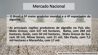 • O Brasil é 5º maior produtor mundial e o 4º exportador de
algodão.
• As principais regiões produtoras de algodão no País são:
Mato Grosso; com 537 mil hectares, Bahia, com 284 mil
hectares, Goiás, com 50 mil hectares, Mato Grosso do Sul,
com 39 mil, Minas Gerais, com 21 mil, São Paulo, com 7,2
mil hectares e Maranhão, com 17 mil.
Fonte: Secretaria de Agricultura e Abastecimento/SP 2103
 