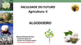 ALGODOEIRO
Tatiane Paulino da Cruz
Engenheira Agrônoma
Doutora em Produção Vegetal
agronomapaulino@gmail.com
FACULDADE DO FUTURO
Agricultura: II
 
