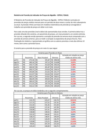 Relatório de Previsão do Indicador de Preços do Algodão - CEPEA / ESALQ

O Relatório de Previsão do Indicador de Preços do Algodão - CEPEA / ESALQ é centrado em
previsões de preços médios mensais para um período de doze meses a contar do mês subseqüente
ao atual. A previsão é feita com base em modelos matemáticos de previsão já consagrados e
trabalha com previsão de preços em dólar e em reais.

Para cada uma das previsões (real e dólar) são apresentadas duas versões. A primeira delas traz a
previsão olhando três cenários, um pessimista de preços, um mais provável e um cenário otimista.
Por sua vez, a segunda versão apresenta a variação da previsão da semana atual comparada com a
previsão da semana anterior, para se medir a variação na expectativa de preços futuros. Para
finalização do relatório, é apresentado um gráfico com os valores previstos e reais dos últimos 12
meses, bem como a previsão futura.

O cenário para a previsão de preços em reais é o que segue:

                                 Cenários para Previsão em Reais
                                                                   Variação em relação ao preço
               Pessimista       Mais Provável       Otimista           médio do último mês
jul/11      R$      175,36   R$          191,87    R$ 208,38                 -12,28%
ago/11      R$      180,16   R$          197,12    R$ 214,08                  -9,87%
set/11      R$      193,77   R$          212,02    R$ 230,26                  -3,06%
out/11      R$      184,50   R$          201,87    R$ 219,24                  -7,70%
nov/11      R$      200,73   R$          219,63    R$ 238,53                  0,42%
dez/11      R$      195,04   R$          213,41    R$ 231,77                  -2,43%
jan/12      R$      212,97   R$          233,02    R$ 253,07                  6,54%
fev/12      R$      200,71   R$          219,61    R$ 238,51                  0,41%
mar/12      R$      186,49   R$          204,05    R$ 221,61                  -6,71%
abr/12      R$      180,33   R$          197,30    R$ 214,28                  -9,79%
mai/12      R$      171,55   R$          187,70    R$ 203,86                 -14,18%
jun/12      R$      210,12   R$          229,91    R$ 249,69                  5,12%

Por sua vez, os preços em dólar tenderão a ter o seguinte comportamento:
                                Cenários para Previsão em Dólares
                                                                 Variação em relação ao preço
                Pessimista       Mais Provável      Otimista         médio do último mês
jul/11               113,79              123,27        132,74              -10,51%
ago/11               117,75              127,55        137,35               -7,40%
set/11               131,42              142,36        153,30               3,35%
out/11               126,86              137,42        147,98               -0,24%
nov/11               136,08              147,41        158,73               7,01%
dez/11               118,68              128,56        138,43               -6,67%
jan/12               133,32              144,42        155,51               4,84%
fev/12               128,23              138,91        149,58               0,84%
mar/12               117,19              126,94        136,70               -7,85%
abr/12               110,08              119,25        128,41              -13,43%
mai/12                99,05              107,29        115,54              -22,11%
jun/12               129,24              140,00        150,75               1,63%
 