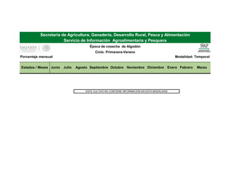 Modalidad: Temporal
Estados / Meses Junio Julio Agosto Septiembre Octubre Noviembre Diciembre Enero Febrero Marzo
ESTE CULTIVO NO CONTIENE INFORMACIÓN EN ESTA MODALIDAD
Porcentaje mensual
Secretaría de Agricultura, Ganadería, Desarrollo Rural, Pesca y Alimentación
Servicio de Información Agroalimentaria y Pesquera
Época de cosecha de Algodón
Ciclo: Primavera-Verano
 