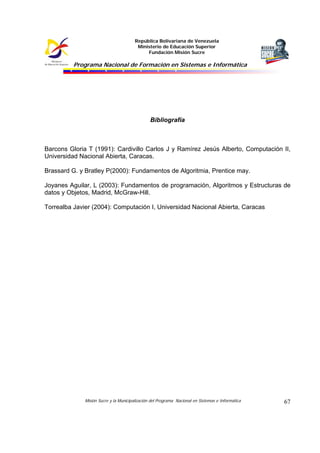 República Bolivariana de Venezuela
                                         Ministerio de Educación Superior
                                             Fundación Misión Sucre

          Programa Nacional de Formación en Sistemas e Informática




                                                Bibliografía



Barcons Gloria T (1991): Cardivillo Carlos J y Ramírez Jesús Alberto, Computación II,
Universidad Nacional Abierta, Caracas.

Brassard G. y Bratley P(2000): Fundamentos de Algoritmia, Prentice may.

Joyanes Aguilar, L (2003): Fundamentos de programación, Algoritmos y Estructuras de
datos y Objetos, Madrid, McGraw-Hill.

Torrealba Javier (2004): Computación I, Universidad Nacional Abierta, Caracas




              Misión Sucre y la Municipalización del Programa Nacional en Sistemas e Informática   67
 