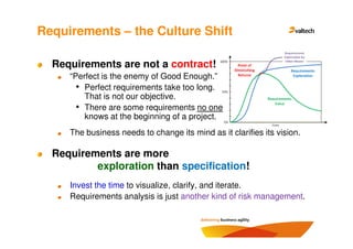 Requirements – the Culture Shift

  Requirements are not a contract!
     “Perfect is the enemy of Good Enough.”
       • Perfect requirements take too long.
         That is not our objective.
       • There are some requirements no one
         knows at the beginning of a project.
     The business needs to change its mind as it clarifies its vision.

  Requirements are more
          exploration than specification!
     Invest the time to visualize, clarify, and iterate.
     Requirements analysis is just another kind of risk management.
 
