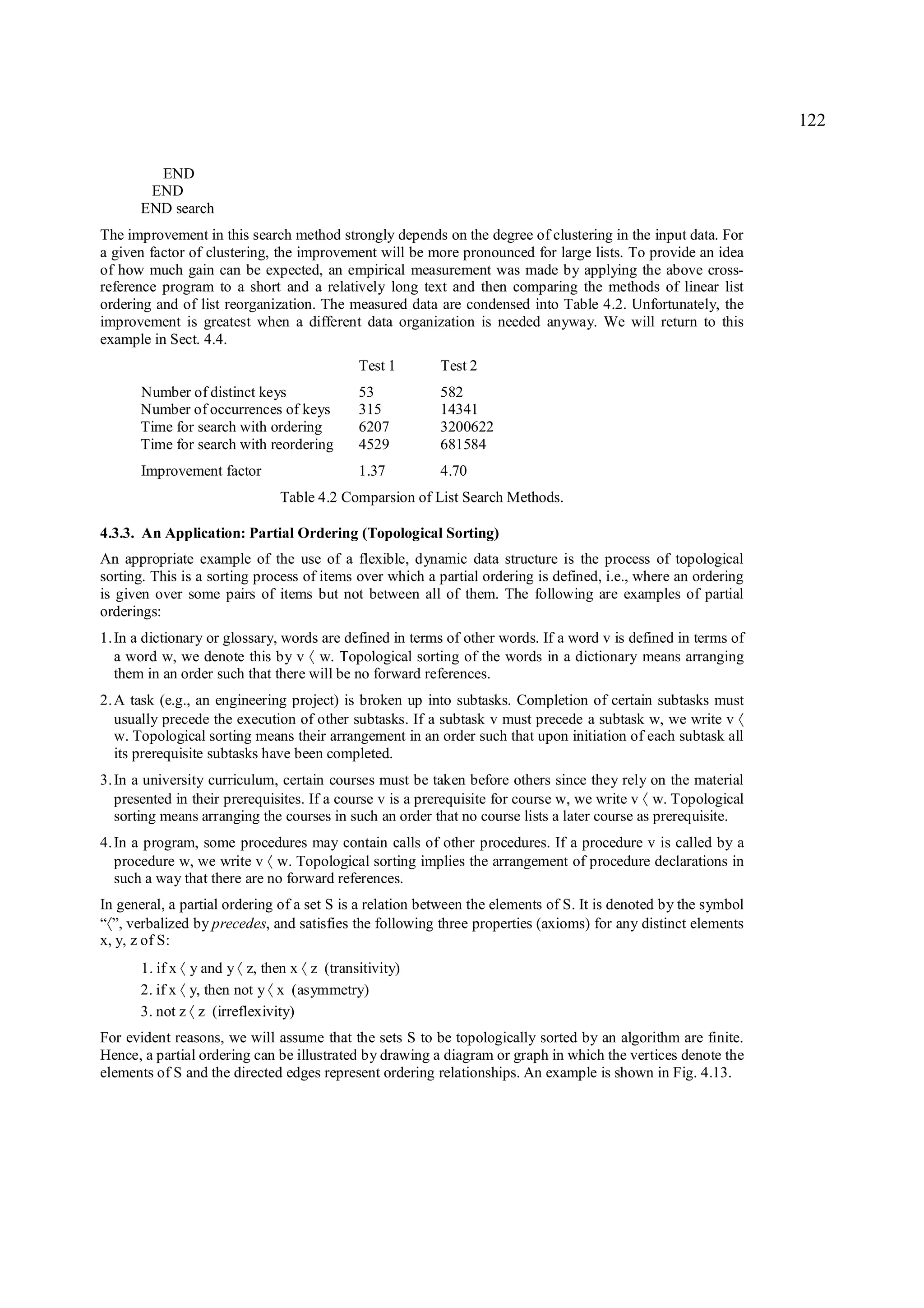 122

        END
       END
      END search
The improvement in this search method strongly depends on the degree of clustering in the input data. For
a given factor of clustering, the improvement will be more pronounced for large lists. To provide an idea
of how much gain can be expected, an empirical measurement was made by applying the above cross-
reference program to a short and a relatively long text and then comparing the methods of linear list
ordering and of list reorganization. The measured data are condensed into Table 4.2. Unfortunately, the
improvement is greatest when a different data organization is needed anyway. We will return to this
example in Sect. 4.4.
                                            Test 1        Test 2
      Number of distinct keys               53            582
      Number of occurrences of keys         315           14341
      Time for search with ordering         6207          3200622
      Time for search with reordering       4529          681584
       Improvement factor                   1.37          4.70
                                Table 4.2 Comparsion of List Search Methods.

4.3.3. An Application: Partial Ordering (Topological Sorting)
An appropriate example of the use of a flexible, dynamic data structure is the process of topological
sorting. This is a sorting process of items over which a partial ordering is defined, i.e., where an ordering
is given over some pairs of items but not between all of them. The following are examples of partial
orderings:
1. In a dictionary or glossary, words are defined in terms of other words. If a word v is defined in terms of
   a word w, we denote this by v w. Topological sorting of the words in a dictionary means arranging
                                       〈
   them in an order such that there will be no forward references.
2. A task (e.g., an engineering project) is broken up into subtasks. Completion of certain subtasks must
   usually precede the execution of other subtasks. If a subtask v must precede a subtask w, we write v      〈
   w. Topological sorting means their arrangement in an order such that upon initiation of each subtask all
   its prerequisite subtasks have been completed.
3. In a university curriculum, certain courses must be taken before others since they rely on the material
   presented in their prerequisites. If a course v is a prerequisite for course w, we write v w. Topological
                                                                                            〈
   sorting means arranging the courses in such an order that no course lists a later course as prerequisite.
4. In a program, some procedures may contain calls of other procedures. If a procedure v is called by a
   procedure w, we write v w. Topological sorting implies the arrangement of procedure declarations in
                            〈
   such a way that there are no forward references.
In general, a partial ordering of a set S is a relation between the elements of S. It is denoted by the symbol
“ ”, verbalized by precedes, and satisfies the following three properties (axioms) for any distinct elements
 〈
x, y, z of S:
      1. if x y and y z, then x z (transitivity)
             〈         〈           〈
      2. if x y, then not y x (asymmetry)
             〈              〈
      3. not z z (irreflexivity)
                 〈

For evident reasons, we will assume that the sets S to be topologically sorted by an algorithm are finite.
Hence, a partial ordering can be illustrated by drawing a diagram or graph in which the vertices denote the
elements of S and the directed edges represent ordering relationships. An example is shown in Fig. 4.13.
 