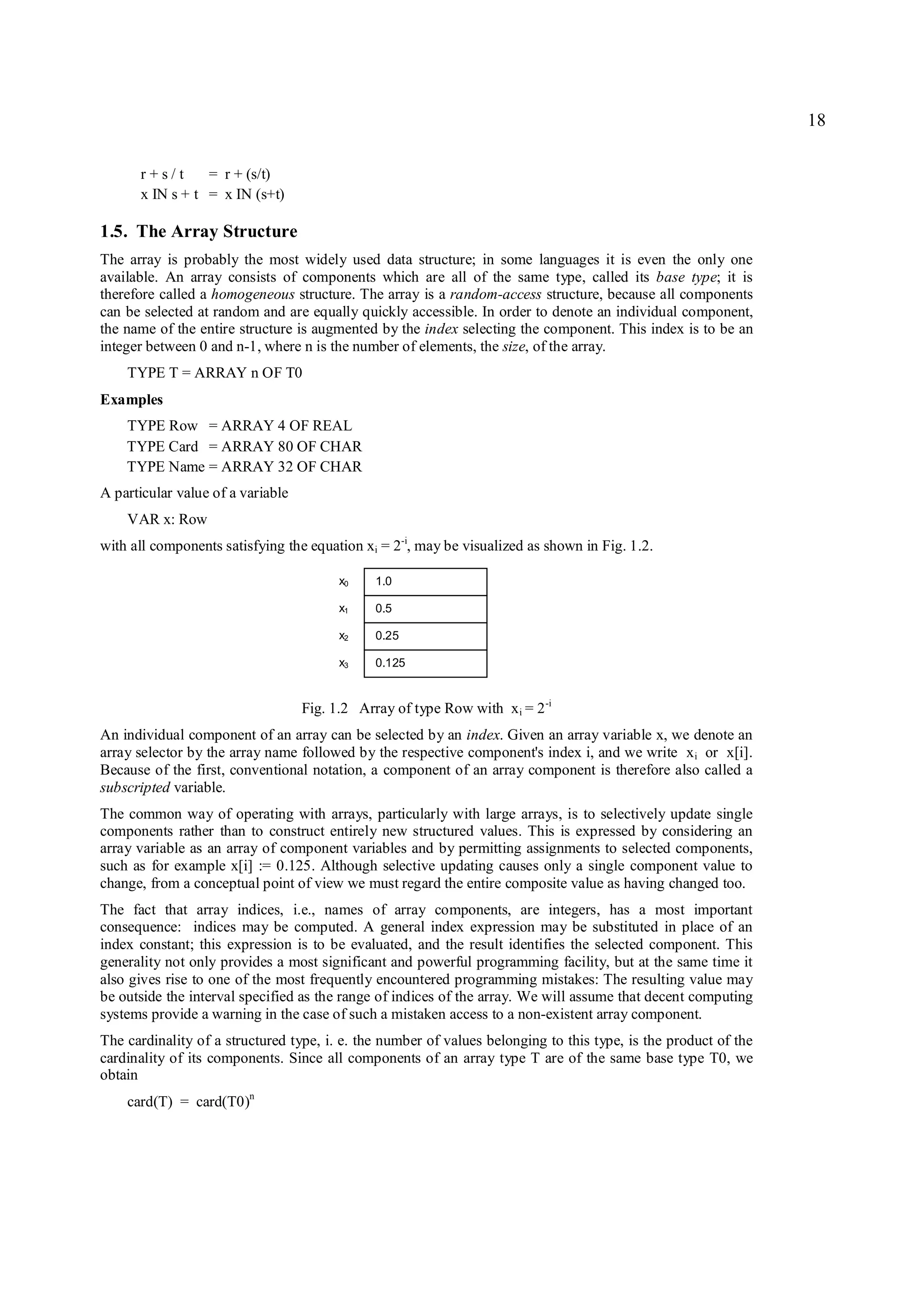 18

      r+s/t      = r + (s/t)
      x IN s + t = x IN (s+t)

1.5. The Array Structure
The array is probably the most widely used data structure; in some languages it is even the only one
available. An array consists of components which are all of the same type, called its base type; it is
therefore called a homogeneous structure. The array is a random-access structure, because all components
can be selected at random and are equally quickly accessible. In order to denote an individual component,
the name of the entire structure is augmented by the index selecting the component. This index is to be an
integer between 0 and n-1, where n is the number of elements, the size, of the array.
    TYPE T = ARRAY n OF T0
Examples
    TYPE Row = ARRAY 4 OF REAL
    TYPE Card = ARRAY 80 OF CHAR
    TYPE Name = ARRAY 32 OF CHAR
A particular value of a variable
    VAR x: Row
with all components satisfying the equation xi = 2-i, may be visualized as shown in Fig. 1.2.

                                         x0    1.0

                                         x1    0.5

                                         x2    0.25

                                         x3    0.125


                                   Fig. 1.2 Array of type Row with x i = 2 -i
An individual component of an array can be selected by an index. Given an array variable x, we denote an
array selector by the array name followed by the respective component's index i, and we write x i or x[i].
Because of the first, conventional notation, a component of an array component is therefore also called a
subscripted variable.
The common way of operating with arrays, particularly with large arrays, is to selectively update single
components rather than to construct entirely new structured values. This is expressed by considering an
array variable as an array of component variables and by permitting assignments to selected components,
such as for example x[i] := 0.125. Although selective updating causes only a single component value to
change, from a conceptual point of view we must regard the entire composite value as having changed too.
The fact that array indices, i.e., names of array components, are integers, has a most important
consequence: indices may be computed. A general index expression may be substituted in place of an
index constant; this expression is to be evaluated, and the result identifies the selected component. This
generality not only provides a most significant and powerful programming facility, but at the same time it
also gives rise to one of the most frequently encountered programming mistakes: The resulting value may
be outside the interval specified as the range of indices of the array. We will assume that decent computing
systems provide a warning in the case of such a mistaken access to a non-existent array component.
The cardinality of a structured type, i. e. the number of values belonging to this type, is the product of the
cardinality of its components. Since all components of an array type T are of the same base type T0, we
obtain
    card(T) = card(T0)n
 
