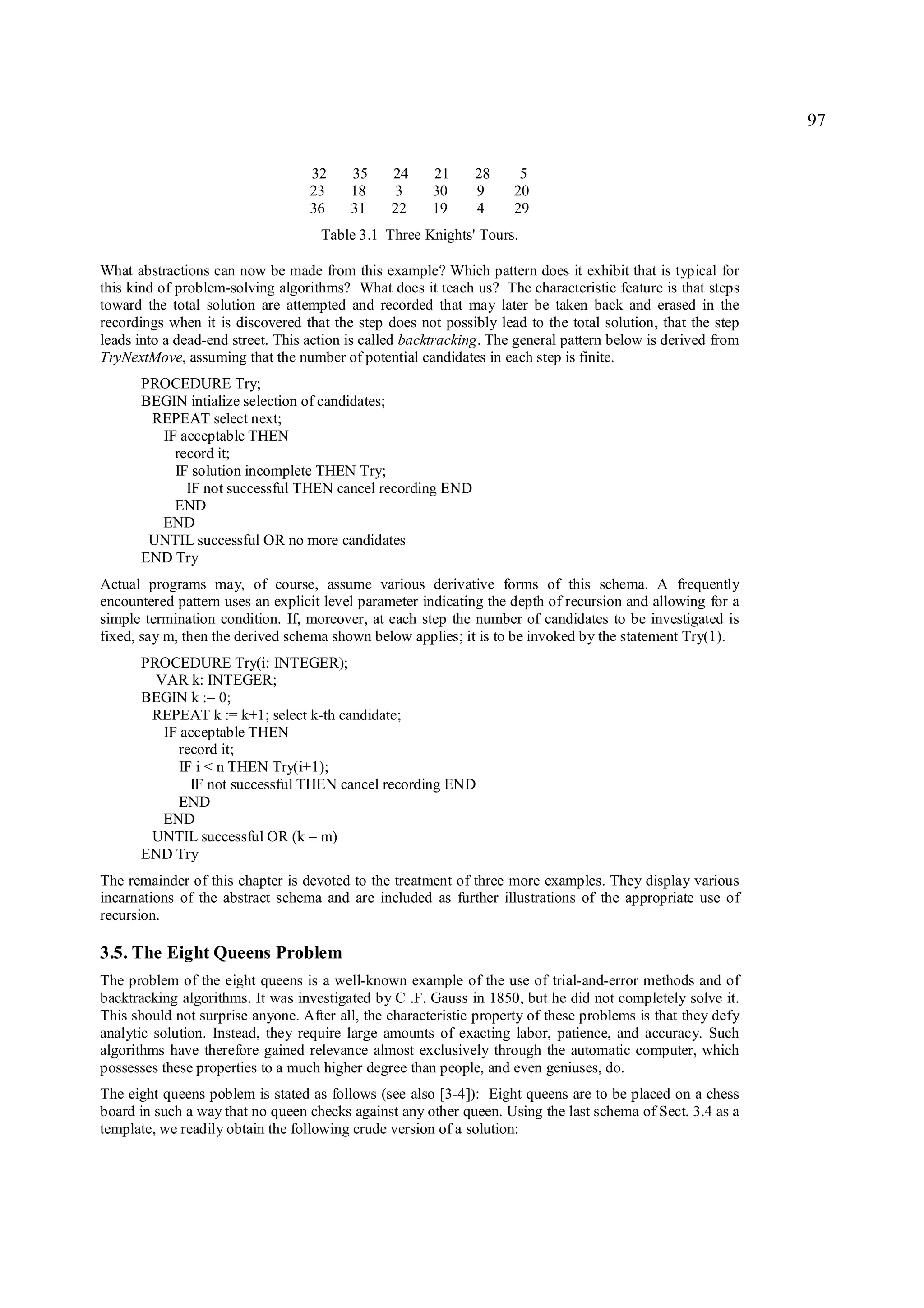 97

                                   32    35     24     21     28      5
                                   23    18      3     30     9      20
                                   36    31     22     19     4      29
                                    Table 3.1 Three Knights' Tours.

What abstractions can now be made from this example? Which pattern does it exhibit that is typical for
this kind of problem-solving algorithms? What does it teach us? The characteristic feature is that steps
toward the total solution are attempted and recorded that may later be taken back and erased in the
recordings when it is discovered that the step does not possibly lead to the total solution, that the step
leads into a dead-end street. This action is called backtracking. The general pattern below is derived from
TryNextMove, assuming that the number of potential candidates in each step is finite.
      PROCEDURE Try;
      BEGIN intialize selection of candidates;
       REPEAT select next;
        IF acceptable THEN
          record it;
          IF solution incomplete THEN Try;
            IF not successful THEN cancel recording END
          END
        END
       UNTIL successful OR no more candidates
      END Try
Actual programs may, of course, assume various derivative forms of this schema. A frequently
encountered pattern uses an explicit level parameter indicating the depth of recursion and allowing for a
simple termination condition. If, moreover, at each step the number of candidates to be investigated is
fixed, say m, then the derived schema shown below applies; it is to be invoked by the statement Try(1).
      PROCEDURE Try(i: INTEGER);
        VAR k: INTEGER;
      BEGIN k := 0;
       REPEAT k := k+1; select k-th candidate;
         IF acceptable THEN
           record it;
            IF i < n THEN Try(i+1);
              IF not successful THEN cancel recording END
           END
         END
       UNTIL successful OR (k = m)
      END Try
The remainder of this chapter is devoted to the treatment of three more examples. They display various
incarnations of the abstract schema and are included as further illustrations of the appropriate use of
recursion.

3.5. The Eight Queens Problem
The problem of the eight queens is a well-known example of the use of trial-and-error methods and of
backtracking algorithms. It was investigated by C .F. Gauss in 1850, but he did not completely solve it.
This should not surprise anyone. After all, the characteristic property of these problems is that they defy
analytic solution. Instead, they require large amounts of exacting labor, patience, and accuracy. Such
algorithms have therefore gained relevance almost exclusively through the automatic computer, which
possesses these properties to a much higher degree than people, and even geniuses, do.
The eight queens poblem is stated as follows (see also [3-4]): Eight queens are to be placed on a chess
board in such a way that no queen checks against any other queen. Using the last schema of Sect. 3.4 as a
template, we readily obtain the following crude version of a solution:
 