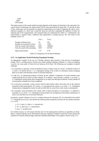 122

        END
       END
      END search
The improvement in this search method strongly depends on the degree of clustering in the input data. For
a given factor of clustering, the improvement will be more pronounced for large lists. To provide an idea
of how much gain can be expected, an empirical measurement was made by applying the above cross-
reference program to a short and a relatively long text and then comparing the methods of linear list
ordering and of list reorganization. The measured data are condensed into Table 4.2. Unfortunately, the
improvement is greatest when a different data organization is needed anyway. We will return to this
example in Sect. 4.4.
                                            Test 1        Test 2
      Number of distinct keys               53            582
      Number of occurrences of keys         315           14341
      Time for search with ordering         6207          3200622
      Time for search with reordering       4529          681584
       Improvement factor                   1.37          4.70
                                Table 4.2 Comparsion of List Search Methods.

4.3.3. An Application: Partial Ordering (Topological Sorting)
An appropriate example of the use of a flexible, dynamic data structure is the process of topological
sorting. This is a sorting process of items over which a partial ordering is defined, i.e., where an ordering
is given over some pairs of items but not between all of them. The following are examples of partial
orderings:
1. In a dictionary or glossary, words are defined in terms of other words. If a word v is defined in terms of
   a word w, we denote this by v w. Topological sorting of the words in a dictionary means arranging
                                       〈
   them in an order such that there will be no forward references.
2. A task (e.g., an engineering project) is broken up into subtasks. Completion of certain subtasks must
   usually precede the execution of other subtasks. If a subtask v must precede a subtask w, we write v      〈
   w. Topological sorting means their arrangement in an order such that upon initiation of each subtask all
   its prerequisite subtasks have been completed.
3. In a university curriculum, certain courses must be taken before others since they rely on the material
   presented in their prerequisites. If a course v is a prerequisite for course w, we write v w. Topological
                                                                                            〈
   sorting means arranging the courses in such an order that no course lists a later course as prerequisite.
4. In a program, some procedures may contain calls of other procedures. If a procedure v is called by a
   procedure w, we write v w. Topological sorting implies the arrangement of procedure declarations in
                            〈
   such a way that there are no forward references.
In general, a partial ordering of a set S is a relation between the elements of S. It is denoted by the symbol
“ ”, verbalized by precedes, and satisfies the following three properties (axioms) for any distinct elements
 〈
x, y, z of S:
      1. if x y and y z, then x z (transitivity)
             〈         〈           〈
      2. if x y, then not y x (asymmetry)
             〈              〈
      3. not z z (irreflexivity)
                 〈

For evident reasons, we will assume that the sets S to be topologically sorted by an algorithm are finite.
Hence, a partial ordering can be illustrated by drawing a diagram or graph in which the vertices denote the
elements of S and the directed edges represent ordering relationships. An example is shown in Fig. 4.13.
 