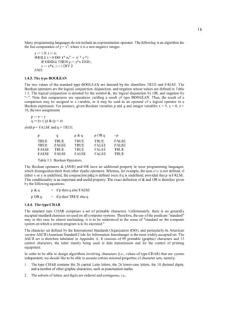 16

Many programming languages do not include an exponentiation operator. The following is an algorithm for
the fast computation of y = xn, where n is a non-negative integer.
      y := 1.0; i := n;
      WHILE i > 0 DO (* x0n = xi * y *)
           IF ODD(i) THEN y := y*x END ;
           x := x*x; i := i DIV 2
      END

1.4.3. The type BOOLEAN
The two values of the standard type BOOLEAN are denoted by the identifiers TRUE and FALSE. The
Boolean operators are the logical conjunction, disjunction, and negation whose values are defined in Table
1.1. The logical conjunction is denoted by the symbol &, the logical disjunction by OR, and negation by
“~”. Note that comparisons are operations yielding a result of type BOOLEAN. Thus, the result of a
comparison may be assigned to a variable, or it may be used as an operand of a logical operator in a
Boolean expression. For instance, given Boolean variables p and q and integer variables x = 5, y = 8, z =
10, the two assignments
    p := x = y
    q := (x y) & (y < z)
             ≤
yield p = FALSE and q = TRUE.

         p           q            p&q           p OR q       ~p
         TRUE       TRUE          TRUE          TRUE         FALSE
         TRUE       FALSE         TRUE          FALSE        FALSE
         FALSE      TRUE          TRUE          FALSE        TRUE
         FALSE      FALSE         FALSE         FALSE        TRUE
         Table 1.1 Boolean Operators.
The Boolean operators & (AND) and OR have an additional property in most programming languages,
which distinguishes them from other dyadic operators. Whereas, for example, the sum x+y is not defined, if
either x or y is undefined, the conjunction p&q is defined even if q is undefined, provided that p is FALSE.
This conditionality is an important and useful property. The exact definition of & and OR is therefore given
by the following equations:
    p &q          = if p then q else FALSE
    p OR q        = if p then TRUE else q

1.4.4. The type CHAR
The standard type CHAR comprises a set of printable characters. Unfortunately, there is no generally
accepted standard character set used on all computer systems. Therefore, the use of the predicate "standard"
may in this case be almost misleading; it is to be understood in the sense of "standard on the computer
system on which a certain program is to be executed."
The character set defined by the International Standards Organization (ISO), and particularly its American
version ASCII (American Standard Code for Information Interchange) is the most widely accepted set. The
ASCII set is therefore tabulated in Appendix A. It consists of 95 printable (graphic) characters and 33
control characters, the latter mainly being used in data transmission and for the control of printing
equipment.
In order to be able to design algorithms involving characters (i.e., values of type CHAR) that are system
independent, we should like to be able to assume certain minimal properties of character sets, namely:
1. The type CHAR contains the 26 capital Latin letters, the 26 lower-case letters, the 10 decimal digits,
   and a number of other graphic characters, such as punctuation marks.
2. The subsets of letters and digits are ordered and contiguous, i.e.,
 
