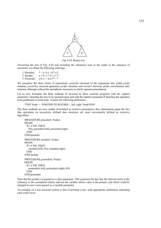 133




                                                         R




                                                    A           B


                                              Fig. 4.24. Binary tree
Traversing the tree of Fig. 4.20 and recording the characters seen at the nodes in the sequence of
encounter, we obtain the following orderings:
    1. Preorder:     *+a/bc-d*ef
    2. Inorder:      a+b/c*d-e* f
    3. Postorder:    abc/+ def*-*
We recognize the three forms of expressions: preorder traversal of the expression tree yields prefix
notation; postorder traversal generates postfix notation; and inorder traversal yields conventional infix
notation, although without the parentheses necessary to clarify operator precedences.
Let us now formulate the three methods of traversal by three concrete programs with the explicit
parameter t denoting the tree to be operated upon and with the implicit parameter P denoting the operation
to be performed on each node. Assume the following definitions:
       TYPE Node = POINTER TO RECORD ... left, right: Node END
The three methods are now readily formulated as recursive procedures; they demonstrate again the fact
that operations on recursively defined data structures are most conveniently defined as recursive
algorithms.
       PROCEDURE preorder(t: Node);
       BEGIN
        IF t # NIL THEN
          P(t); preorder(t.left); preorder(t.right)
        END
       END preorder
       PROCEDURE inorder(t: Node);
       BEGIN
        IF t # NIL THEN
          inorder(t.left); P(t); inorder(t.right)
        END
       END inorder
       PROCEDURE postorder(t: Node);
       BEGIN
        IF t # NIL THEN
          postorder(t.left); postorder(t.right); P(t)
        END
       END postorder
Note that the pointer t is passed as a value parameter. This expresses the fact that the relevant entity is the
reference to the considered subtree and not the variable whose value is the pointer, and which could be
changed in case t were passed as a variable parameter.
An example of a tree traversal routine is that of printing a tree, with appropriate indentation indicating
each node's level.
 