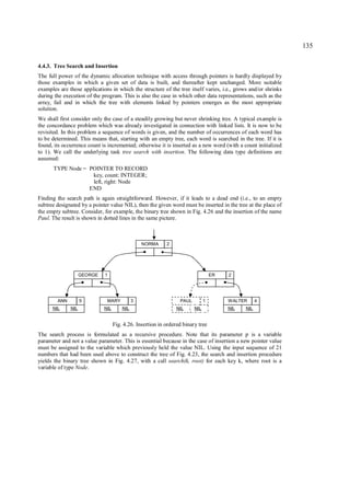 135

4.4.3. Tree Search and Insertion
The full power of the dynamic allocation technique with access through pointers is hardly displayed by
those examples in which a given set of data is built, and thereafter kept unchanged. More suitable
examples are those applications in which the structure of the tree itself varies, i.e., grows and/or shrinks
during the execution of the program. This is also the case in which other data representations, such as the
array, fail and in which the tree with elements linked by pointers emerges as the most appropriate
solution.
We shall first consider only the case of a steadily growing but never shrinking tree. A typical example is
the concordance problem which was already investigated in connection with linked lists. It is now to be
revisited. In this problem a sequence of words is given, and the number of occurrences of each word has
to be determined. This means that, starting with an empty tree, each word is searched in the tree. If it is
found, its occurrence count is incremented; otherwise it is inserted as a new word (with a count initialized
to 1). We call the underlying task tree search with insertion. The following data type definitions are
assumed:
      TYPE Node = POINTER TO RECORD
                   key, count: INTEGER;
                   left, right: Node
                  END
Finding the search path is again straightforward. However, if it leads to a dead end (i.e., to an empty
subtree designated by a pointer value NIL), then the given word must be inserted in the tree at the place of
the empty subtree. Consider, for example, the binary tree shown in Fig. 4.26 and the insertion of the name
Paul. The result is shown in dotted lines in the same picture.



                                                 NORMA     2




                    GEORGE   1                                                    ER   2




        ANN         5         MARY           3                   PAUL         1        WALTER      4
      NIL     NIL            NIL       NIL                      NIL     NIL            NIL   NIL


                                   Fig. 4.26. Insertion in ordered binary tree
The search process is formulated as a recursive procedure. Note that its parameter p is a variable
parameter and not a value parameter. This is essential because in the case of insertion a new pointer value
must be assigned to the variable which previously held the value NIL. Using the input sequence of 21
numbers that had been used above to construct the tree of Fig. 4.23, the search and insertion procedure
yields the binary tree shown in Fig. 4.27, with a call search(k, root) for each key k, where root is a
variable of type Node.
 