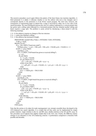 170

The recursive procedure search again follows the pattern of the basic binary tree insertion algorithm. A
third parameter h is added; it indicates whether or not the subtree with root p has changed, and it
corresponds directly to the parameter h of the B-tree search program. We must note, however, the
consequence of representing pages as linked lists: a page is traversed by either one or two calls of the
search procedure. We must distinguish between the case of a subtree (indicated by a vertical pointer) that
has grown and a sibling node (indicated by a horizontal pointer) that has obtained another sibling and
hence requires a page split. The problem is easily solved by introducing a three-valued h with the
following meanings:
1. h = 0: the subtree p requires no changes of the tree structure.
2. h = 1: node p has obtained a sibling.
3. h = 2: the subtree p has increased in height.
       PROCEDURE search(VAR p: Node; x: INTEGER; VAR h: INTEGER);
        VAR q, r: Node;
       BEGIN (*h=0*)
        IF p = NIL THEN (*insert new node*)
          NEW(p); p.key := x; p.L := NIL; p.R := NIL; p.lh := FALSE; p.rh := FALSE; h := 2
        ELSIF x < p.key THEN
          search(p.L, x, h);
          IF h > 0 THEN (*left branch has grown or received sibling*)
             q := p.L;
             IF p.lh THEN
               h := 2; p.lh := FALSE;
               IF q.lh THEN (*LL*)
                  p.L := q.R; q.lh := FALSE; q.R := p; p := q
               ELSE (*q.rh, LR*)
                  r := q.R; q.R := r.L; q.rh := FALSE; r.L := p.L; p.L := r.R; r.R := p; p := r
               END
             ELSE DEC(h);
               IF h = 1 THEN p.lh := TRUE END
             END
          END
        ELSIF x > p.key THEN
          search(p.R, x, h);
          IF h > 0 THEN (*right branch has grown or received sibling*)
             q := p.R;
             IF p.rh THEN
               h := 2; p.rh := FALSE;
               IF q.rh THEN (*RR*)
                  p.R := q.L; q.rh := FALSE; q.L := p; p := q
               ELSE (*q.lh, RL*)
                  r := q.L; q.L := r.R; q.lh := FALSE; r.R := p.R; p.R := r.L; r.L := p; p := r
               END
             ELSE DEC(h);
               IF h = 1 THEN p.rh := TRUE END
             END
          END
        END
       END search;

Note that the actions to be taken for node rearrangement very strongly resemble those developed in the
AVL-balanced tree search algorithm. It is evident that all four cases can be implemented by simple
pointer rotations: single rotations in the LL and RR cases, double rotations in the LR and RL cases. In
fact, procedure search appears here slightly simpler than in the AVL case. Clearly, the SBB-tree scheme
emerges as an alternative to the AVL-balancing criterion. A performance comparison is therefore both
possible and desirable.
 