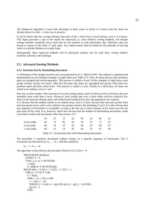 52

The Shakersort algorithm is used with advantage in those cases in which it is known that the items are
already almost in order -- a rare case in practice.
It can be shown that the average distance that each of the n items has to travel during a sort is n/3 places.
This figure provides a clue in the search for improved, i.e. more effective sorting methods. All straight
sorting methods essentially move each item by one position in each elementary step. Therefore, they are
bound to require in the order n2 such steps. Any improvement must be based on the principle of moving
items over greater distances in single leaps.
Subsequently, three improved methods will be discussed, namely, one for each basic sorting method:
insertion, selection, and exchange.


2.3. Advanced Sorting Methods
2.3.1 Insertion Sort by Diminishing Increment
A refinement of the straight insertion sort was proposed by D. L. Shell in l959. The method is explained and
demonstrated on our standard example of eight items (see Table 2.5). First, all items that are four positions
apart are grouped and sorted separately. This process is called a 4-sort. In this example of eight items, each
group contains exactly two items. After this first pass, the items are regrouped into groups with items two
positions apart and then sorted anew. This process is called a 2-sort. Finally, in a third pass, all items are
sorted in an ordinary sort or 1-sort.
One may at first wonder if the necessity of several sorting passes, each of which involves all items, does not
introduce more work than it saves. However, each sorting step over a chain either involves relatively few
items or the items are already quite well ordered and comparatively few rearrangements are required.
It is obvious that the method results in an ordered array, and it is fairly obvious that each pass profits from
previous passes (since each i-sort combines two groups sorted in the preceding 2i-sort). It is also obvious that
any sequence of increments is acceptable, as long as the last one is unity, because in the worst case the last
pass does all the work. It is, however, much less obvious that the method of diminishing increments yields
even better results with increments other than powers of 2.
                              44       55      12       42      94        18      06        67
      4-sort yields           44       18      06       42      94        55      12        67
      2-sort yield            06       18      12       42      44        55      94        67
      1-sort yields           06       12      18       42      44        55      67        94
                             Table 2.5 An Insertion Sort with Diminishing Increments.

The procedure is therefore developed without relying on a specific sequence of increments. The T
increments are denoted by h0, h1, ... , hT-1 with the conditions
      ht-1 = 1, h i+1 < hi
The algorithm is described by the procedure Shellsort [2.11] for t = 4:
      PROCEDURE ShellSort;
       CONST T = 4;
       VAR i, j, k, m, s: INTEGER;
        x: Item;
        h: ARRAY T OF INTEGER;
      BEGIN h[0] := 9; h[1] := 5; h[2] := 3; h[3] := 1;
       FOR m := 0 TO T-1 DO
        k := h[m];
        FOR i := k+1 TO n-1 DO
          x := a[i]; j := i-k;
          WHILE (j >= k) & (x < a[j]) DO a[j+k] := a[j]; j := j-k END ;
          a[j+k] := x
        END
 