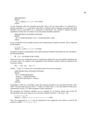 89

       PROCEDURE P;
       BEGIN
        IF I < n THEN I := I + 1; F := I*F; P END
       END P
A more frequently used, but essentially equivalent, form is the one given below. P is replaced by a
function procedure F, i.e., a procedure with which a resulting value is explicitly associated, and which
therefore may be used directly as a constituent of expressions. The variable F therefore becomes
superfluous; and the role of I is taken over by the explicit procedure parameter.
       PROCEDURE F(I: INTEGER): INTEGER;
       BEGIN
        IF I > 0 THEN RETURN I * F(I - 1) ELSE RETURN 1 END
       END F
It now is plain that in this example recursion can be replaced quite simply by iteration. This is expressed
by the program
       I := 0; F := 1;
       WHILE I < n DO I := I + 1; F := I*F END
In general, programs corresponding to the original schemata should be transcribed into one according to
the following schema:
       P   ≡   [x := x0; WHILE B DO S END]
There also exist more complicated recursive composition schemes that can and should be translated into
an iterative form. An example is the computation of the Fibonacci numbers which are defined by the
recurrence relation
       fibn+1 = fibn + fibn-1 for n > 0
and fib1 = 1, fib0 = 0. A direct, naive transcription leads to the recursive program
       PROCEDURE Fib(n: INTEGER): INTEGER;
       BEGIN
        IF n = 0 THEN RETURN 0
        ELSIF n = 1 THEN RETURN 1
        ELSE RETURN Fib(n-1) + Fib(n-2)
        END
       END Fib
Computation of fib n by a call Fib(n) causes this function procedure to be activated recursively. How
often? We notice that each call with n > 1 leads to 2 further calls, i.e., the total number of calls grows
exponentially (see Fig. 3.2). Such a program is clearly impractical.
But fortunately the Fibonacci numbers can be computed by an iterative scheme that avoids the
recomputation of the same values by use of auxiliary variables such that x = fib i and y = fib i-1.
       i := 1; x := 1; y := 0;
       WHILE i < n DO z := x; x := x + y; y := z; i := i + 1 END
Note: The assignments to x, y, z may be expressed by two assignments only without a need for the
auxiliary variable z: x := x + y; y := x - y.
 