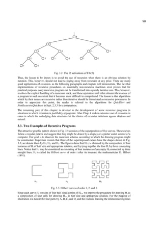 90



                                                          5


                              4                                                       3


                     3                      2                           2                  1


            2             1          1               0           1                0


     1               0


                                     Fig. 3.2. The 15 activations of Fib(5)
Thus, the lesson to be drawn is to avoid the use of recursion when there is an obvious solution by
iteration. This, however, should not lead to shying away from recursion at any price. There are many
good applications of recursion, as the following paragraphs and chapters will demonstrate. The fact that
implementions of recursive procedures on essentially non-recursive machines exist proves that for
practical purposes every recursive program can be transformed into a purely iterative one. This, however,
involves the explicit handling of a recursion stack, and these operations will often obscure the essence of
a program to such an extent that it becomes most difficult to comprehend. The lesson is that algorithms
which by their nature are recursive rather than iterative should be formulated as recursive procedures. In
order to appreciate this point, the reader is referred to the algorithms for QuickSort and
NonRecursiveQuicksort in Sect. 2.3.3 for a comparison.
The remaining part of this chapter is devoted to the development of some recursive programs in
situations in which recursion is justifiably appropriate. Also Chap. 4 makes extensive use of recursion in
cases in which the underlying data structures let the choice of recursive solutions appear obvious and
natural.

3.3. Two Examples of Recursive Programs
The attractive graphic pattern shown in Fig. 3.5 consists of the superposition of five curves. These curves
follow a regular pattern and suggest that they might be drawn by a display or a plotter under control of a
computer. Our goal is to discover the recursion schema, according to which the drawing program might
be constructed. Inspection reveals that three of the superimposed curves have the shapes shown in Fig.
3.3; we denote them by H1, H2, and H3. The figures show that Hi+1 is obtained by the composition of four
instances of Hi of half size and appropriate rotation, and by tying together the four H i by three connecting
lines. Notice that H1 may be considered as consisting of four instances of an empty H0 connected by three
straight lines. Hi is called the Hilbert curve of order i after its inventor, the mathematician D. Hilbert
(1891).




                H1                              H2                                    H3


                                  Fig. 3.3. Hilbert curves of order 1, 2, and 3
Since each curve Hi consists of four half-sized copies of Hi-1, we express the procedure for drawing Hi as
a composition of four calls for drawing Hi-1 in half size and appropriate rotation. For the purpose of
illustration we denote the four parts by A, B, C, and D, and the routines drawing the interconnecting lines
 