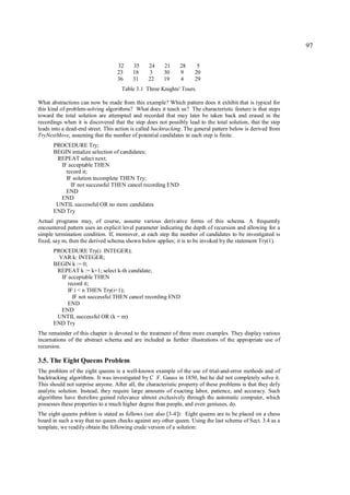 97

                                   32    35     24     21     28      5
                                   23    18      3     30     9      20
                                   36    31     22     19     4      29
                                    Table 3.1 Three Knights' Tours.

What abstractions can now be made from this example? Which pattern does it exhibit that is typical for
this kind of problem-solving algorithms? What does it teach us? The characteristic feature is that steps
toward the total solution are attempted and recorded that may later be taken back and erased in the
recordings when it is discovered that the step does not possibly lead to the total solution, that the step
leads into a dead-end street. This action is called backtracking. The general pattern below is derived from
TryNextMove, assuming that the number of potential candidates in each step is finite.
      PROCEDURE Try;
      BEGIN intialize selection of candidates;
       REPEAT select next;
        IF acceptable THEN
          record it;
          IF solution incomplete THEN Try;
            IF not successful THEN cancel recording END
          END
        END
       UNTIL successful OR no more candidates
      END Try
Actual programs may, of course, assume various derivative forms of this schema. A frequently
encountered pattern uses an explicit level parameter indicating the depth of recursion and allowing for a
simple termination condition. If, moreover, at each step the number of candidates to be investigated is
fixed, say m, then the derived schema shown below applies; it is to be invoked by the statement Try(1).
      PROCEDURE Try(i: INTEGER);
        VAR k: INTEGER;
      BEGIN k := 0;
       REPEAT k := k+1; select k-th candidate;
         IF acceptable THEN
           record it;
            IF i < n THEN Try(i+1);
              IF not successful THEN cancel recording END
           END
         END
       UNTIL successful OR (k = m)
      END Try
The remainder of this chapter is devoted to the treatment of three more examples. They display various
incarnations of the abstract schema and are included as further illustrations of the appropriate use of
recursion.

3.5. The Eight Queens Problem
The problem of the eight queens is a well-known example of the use of trial-and-error methods and of
backtracking algorithms. It was investigated by C .F. Gauss in 1850, but he did not completely solve it.
This should not surprise anyone. After all, the characteristic property of these problems is that they defy
analytic solution. Instead, they require large amounts of exacting labor, patience, and accuracy. Such
algorithms have therefore gained relevance almost exclusively through the automatic computer, which
possesses these properties to a much higher degree than people, and even geniuses, do.
The eight queens poblem is stated as follows (see also [3-4]): Eight queens are to be placed on a chess
board in such a way that no queen checks against any other queen. Using the last schema of Sect. 3.4 as a
template, we readily obtain the following crude version of a solution:
 