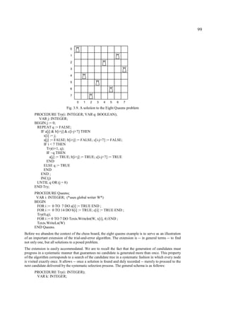 99



                               0

                               1

                               2

                               3

                               4

                               5

                               6

                               7

                                    0   1    2    3   4    5   6    7

                             Fig. 3.9. A solution to the Eight Queens problem
      PROCEDURE Try(i: INTEGER; VAR q: BOOLEAN);
        VAR j: INTEGER;
      BEGIN j := 0;
       REPEAT q := FALSE;
         IF a[j] & b[i+j] & c[i-j+7] THEN
           x[i] := j;
           a[j] := FALSE; b[i+j] := FALSE; c[i-j+7] := FALSE;
           IF i < 7 THEN
             Try(i+1, q);
             IF ~q THEN
               a[j] := TRUE; b[i+j] := TRUE; c[i-j+7] := TRUE
             END
           ELSE q := TRUE
           END
         END ;
         INC(j)
       UNTIL q OR (j = 8)
      END Try;
      PROCEDURE Queens;
       VAR i: INTEGER; (*uses global writer W*)
      BEGIN
       FOR i := 0 TO 7 DO a[i] := TRUE END ;
       FOR i := 0 TO 14 DO b[i] := TRUE; c[i] := TRUE END ;
       Try(0,q);
       FOR i := 0 TO 7 DO Texts.WriteInt(W, x[i], 4) END ;
       Texts.WriteLn(W)
      END Queens.
Before we abandon the context of the chess board, the eight queens example is to serve as an illustration
of an important extension of the trial-and-error algorithm. The extension is -- in general terms -- to find
not only one, but all solutions to a posed problem.
The extension is easily accommodated. We are to recall the fact that the generation of candidates must
progress in a systematic manner that guarantees no candidate is generated more than once. This property
of the algorithm corresponds to a search of the candidate tree in a systematic fashion in which every node
is visited exactly once. It allows -- once a solution is found and duly recorded -- merely to proceed to the
next candidate delivered by the systematic selection process. The general schema is as follows:
      PROCEDURE Try(i: INTEGER);
       VAR k: INTEGER;
 