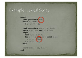 begin
real procedure f(x);
value x; real x;
f := x**2 + 1;
real procedure sum(n, m, inc);
value n,m,inc; real n,m,inc;
begin
real s,x; s := 0;
for x := n step inc until m do
s := s + f(x);
sum := s
end;
print(sum(1, 10, 0.1))
end
 