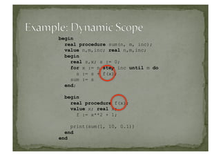 begin
real procedure sum(n, m, inc);
value n,m,inc; real n,m,inc;
begin
real s,x; s := 0;
for x := n step inc until m do
s := s + f(x);
sum := s
end;
begin
real procedure f(x);
value x; real x;
f := x**2 + 1;
print(sum(1, 10, 0.1))
end
end
 