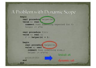 begin
real procedure helper(x);
value x; real x;
comment Does something expected for f;
helper := x*x;
real procedure f(n);
value n; real n;
f := helper(n) + 1;
begin
real procedure helper(x);
value x; real x;
comment Does something else…;
helper := x*x*x;
print(f(5))
end
end
dynamic:	
  126	
  
lexical:	
  26	
  
 